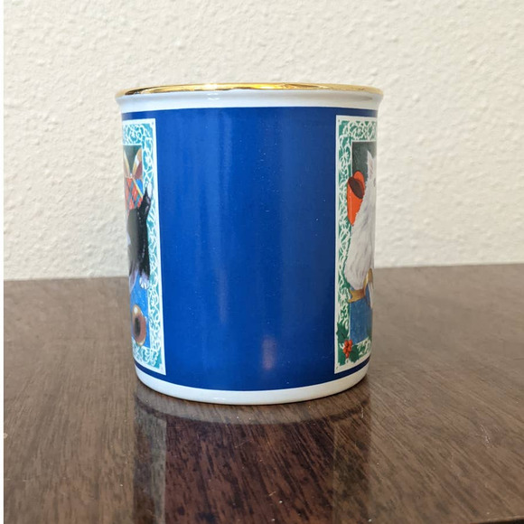 Vintage Christmas Cat Mug by Papel, Cat Playing w/ Ornaments Gold Rim Coffee Cup - Picture 3 of 10
